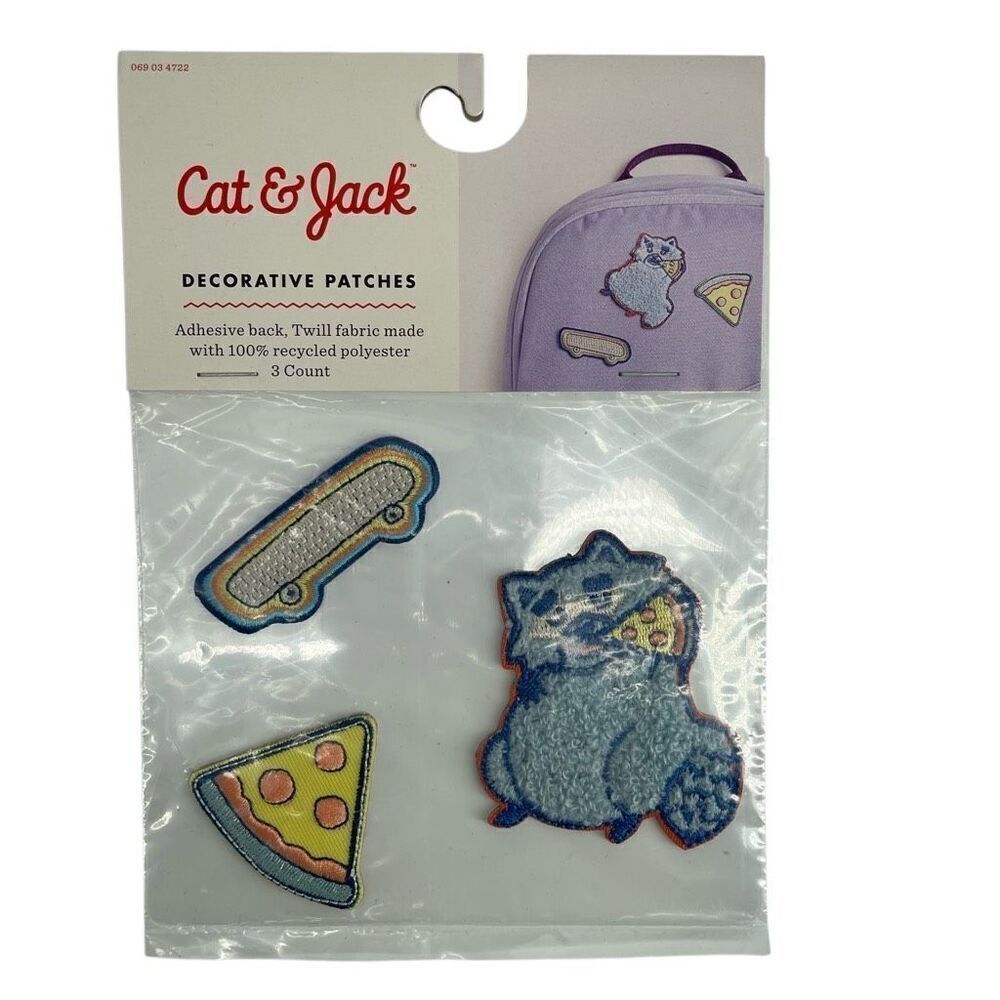 Cat & Jack Kids’ Adhesive Patches – Pizza, Skateboard & Raccoon (3 Pack)
